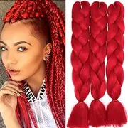 24 Inch Braids Extensions, Jumbo Braids, Synthetic Hair, 3 Bundles, Kanekalon Synthetic Crochet Hair, Braiding Hair, Afro Box Braiding (Red)