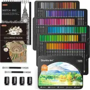 138 Color Artist Colored Pencil Set w/ Sketch Pad Book Sharpeners & Case