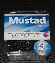50 Mustad 39944BN-60 Classic In-Line Demon Perfect Circle Hooks Size 6/0