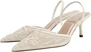 [keleimusi] Women's Mesh Floral Embroidered Slingback Heels with Pearl Studded Pointed Toe Lace Heeled Sandals Backless Slip On Kitten Heel Pumps Wedding Party Shoes