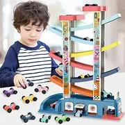 [Uandhome] Toddler Toys for 1 2 3 Year Old Boy & Girl Gifts, Car Ramp Racer Toys with 8 Cars & Race Tracks, Garages and Parking Lots， Baby Car Race Track Vehicle Playsets