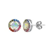 8MM ROUND STUD EARRINGS W/ MULTI- COLOR GEMS & OPAL CENTER STONE / 925 STERLING