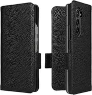 LANJLM Samsung Galaxy Z Fold 5 5G Wallet Case Genuine Leather Magnetic Buckle Flip Case Card Holder Shockproof Flip Cover - Black