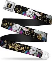[Buckle-Down] Seatbelt Belt - White Rabbit Poses LOOKING FOR WONDERLAND/Clocks Black/Golds - 1.0" Wide - 20-36 Inches in Length