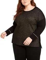 [Anne Klein] Women's Size Plus Long Sleeve High-Low Pullover Sweater, Anne Black/Gold, 3X-Large