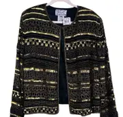Papell Boutique Evening Black Jacket NWT 2X Silk Gold Beads Sequins Geometric