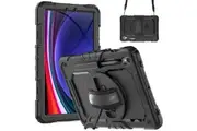 WASSUP Samsung Galaxy Tab S9/S9 FE 11 inch 2023 Case with Screen Protector Hand Strap Stand & Shoulder Strap-Black&Black