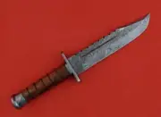 CUSTOM HANDMADE HUNTER DAMASCUS FIXED BLADE KNIFE 12" LEATHER SHEATH