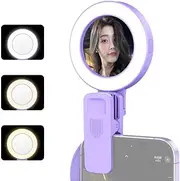 Clip-on Selfie Ring Light for Phone with Selfie Mirror 3 Light Modes 3 Levels 180° Rotatable Built-in Battery Portable Selfie Fill Light Repla ent for 15/14/13/12 Android Phone Video Purple