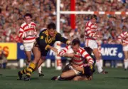 Steve Roach And Royce Simmons Of Australia Bring Down A Wigan Player 1986 Photo