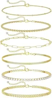 [Tressora] gold anklets for women, water-resistant dainty 6-piece 14 carat gold-plated anklets with layered Cuban link chains