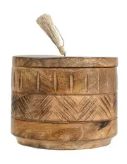 [Willow & Silk] Handmade Round Aztec Carving Trinket Storage Box 15cm in Brown