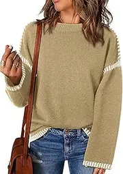 [Valtorixia] Women Long Sleeve Contrast Cable Knit Pullover Sweaters for Women Fashion Solid Crewneck Loose Fit Pullover Top Fall Winter Knit Top (Khaki,Medium)