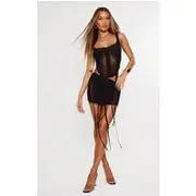 Black Mesh Panelled Extreme Ruched Extreme Micro Mini Skirt, Black