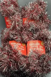 (6) VINTAGE DeLuxe Christmas Garland Red/Silver 4 in x 10 ft, S.S. Kresge Co NEW