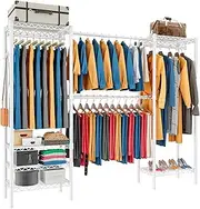 Expandable Wardrobe and Closet Organizer Freestanding Clothes Rail with 6 Storage Shelves Heavy Duty Garment Rack with Double Hanging Rods Wardrobe Clothing Rack with 8 Hooks… (White)