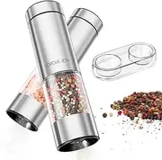 CIRCLE JOY Electric Salt and Pepper Grinder Set Battery Operated Stainless Steel Spice Mills with Storage Base, Washable 95ML Container, White LED Light and Adjustable Coarseness, Silver