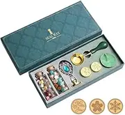 UPAUS Wax Seal Stamp Kit, Vintage Complete Wax Seal Kit with 2 Bottles Wax Beads, 3 Wax Stamp Heads, Gemstone Handle, Spoon, Golden Pen and Candle, for Invitations, Envelopes, Wrapping (Silver Blue)