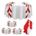 6 Pcs Round Baseball Tablecloth 84" Plastic Red White Baseball Tablecloth