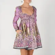 NEW Zimmerman Cosmic Twist Front Purple Bow Ruched Sleeve Flare Mini Dress US4