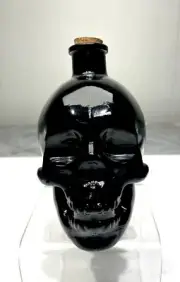 BLACK GLASS SKULL Apothecary Decanter Bottle Wine Whiskey Jar Cork Stopper NEW