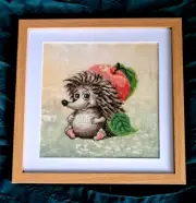 Finished Framed Cross Stitch Picture Lovely Funny Hedgehog Apple Gift