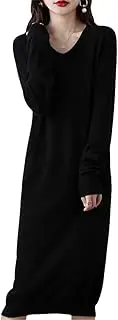[Zozogag] 100% Solid Wool Knitted Sweater Womens Dress Winter/Autumn V-Neck Female Dresses Long Style Pullovers Girl Clothes
