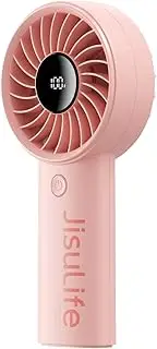 JISULIFE Handheld Portable Fan with Powerful Motor,LED Display,3600mAh Battery,5 Wind Speeds,Lanyard; USB Rechargeable Hand held Fan; Summer Essentials for Travel,Beach,Makeup,Concerts-Pink
