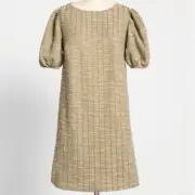 Modcloth Short Ballon Sleeve Striped Tan Tweed Mini Dress Small