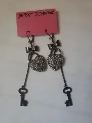 Betsey Johnson Heart Lock, Bow and Key Dangle Drop Earrings New And Carded