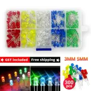 AU 300Pcs 3V 3mm 5mm Light Emitting Diode LED Lamp Assorted Kit Red White Green