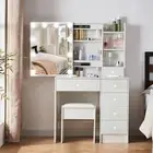 White Dressing Table Makeup Desk With LED Mirror Stool 6 Drawers Stool Bedroom