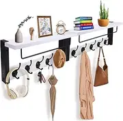 BSTHOK Wall Mounted Coat Rack with Shelf, 44cm, Metal Hooks, Rustic Wood, for Bathroom, Bedroom, Living Room (Rustic Brown-2pack) (White-2pack)