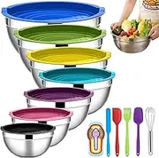 Mixing Bowls with Lids, 7 Pcs Mixing Bowls, Stainless Steel Bowl with Mixing Tools, Salad Bowl, Egg Beater for Mixing Cooking and Baking, Nested Packaging to Save Space (Multicolor)