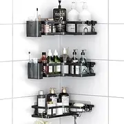 Corner Shower Caddy with Hooks, 2-in-1 Bathroom Shelf Organiser, No Drilling Shower Storage Self Adhesive Shower Shelf, Stainless Steel Black (3)