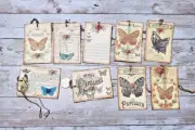 9~Vintage~Ephemera~Butterfly~Junk Journal~Linen Cardstock~Gift~Hang~Tags