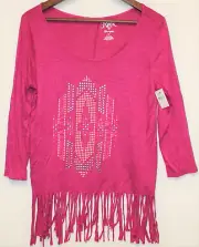 NWT Rock 47 by Wrangler Women's Top Medium Fringe & Beaded Magenta Aztec Design