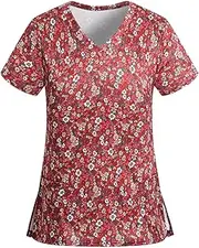 Scrub Tops for Women Stretchy Vneck Short Sleeve Cute Floral Animal Printed Holiday Nursing Pocketed Working Uniforms
