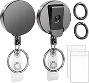 Mtxorvix 2 Pack Metal Heavy Duty Retractable Badge Holders Reel with Carabiner Key Chain Keychain and Waterproof Vertical Clear ID Card Holders, 27.5 inches Reinforced Wire Cord (Round)