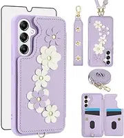 [Asuwish] Phone Case for Samsung Galaxy A14/M14 5G Wallet Cover with Tempered Glass Screen Protector Credit Card Holder Slot Crossbody Strap Flower Cell Accessories A 14 4G 14A 14M G5 Women Purple