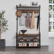 Hall Tree Freestanding Coat Rack Stand, Metal frame with 11 Hooks (Wood)