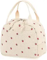Lunch Bag for Women Men Cute Corduroy Lunch Tote Bags Reusable Insulated Lunch Box Large Capacity Reusable Insulated Cooler for Work Picnic or Travel (Beige Strawberry)