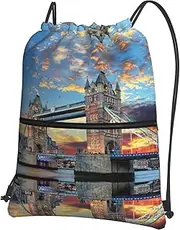 EdWal Tower Bridge In London Print Drawstring Backpack Gym Bags Sports Bags With Zipper Pocket For Travel Beach, Black, One Size