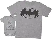 [Zarlivia Clothing] Keep Calm My Uncle is A Superhero - Matching Uncle Baby Gift Set - Mens T Shirt & Baby Bodysuit - Grey - Large & 18-24 Months