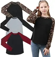 [GORLYA] 3 Pack Girls Contrast Patchwork Raglan Sleeve T Shirt Basic Long Sleeve Casual Tee Tops Multipacks for 8-16Y
