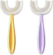 U Shaped Toothbrush for Kids 6-12 Years Old - Two Premium Soft Brushes With Travel Case - Sensory Rounded Head Makes Brushing Fun & Easy - 1 Purple, 1 Yellow