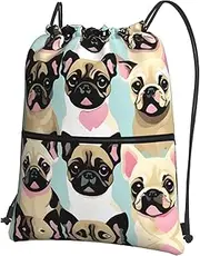 EdWal Cute Chihuahua Pug Print Drawstring Backpack Gym Bags Sports Bags With Zipper Pocket For Travel Beach, Black, One Size