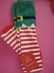 WOMENS HOLIDAY SOCKS SANTA ELF SOCKS KNEE-HIGH CHENILLE JINGLE BELL NEW