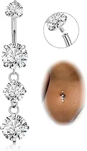 [Masedy] G23 Titanium Dangle Belly Button Rings for Women Dangling Navel Rings CZ Belly Rings Curved Barbell Internally Threaded Belly Piercing Jewelry