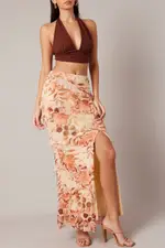 Beige Floral Ruffle Tiered Side Split Maxi Skirt - Size 14, Women's Maxi Skirt